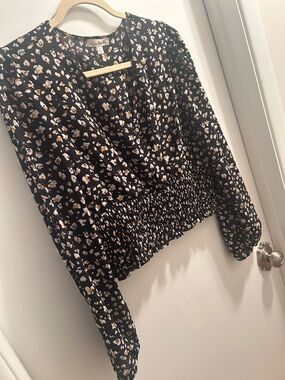 Nine Britton Black Floral Smocked-Waist Blouse with Cream & Tan Print